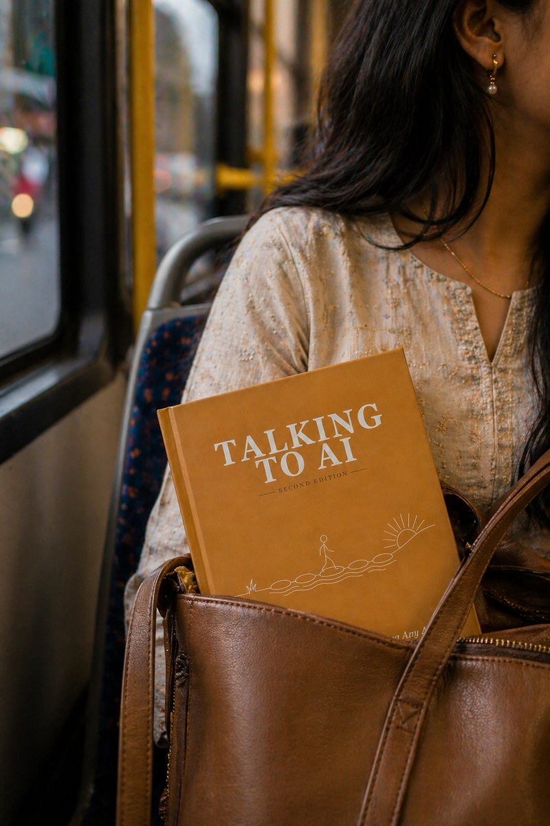 Talking to AI book peeking out of a leather tote bag on a bus